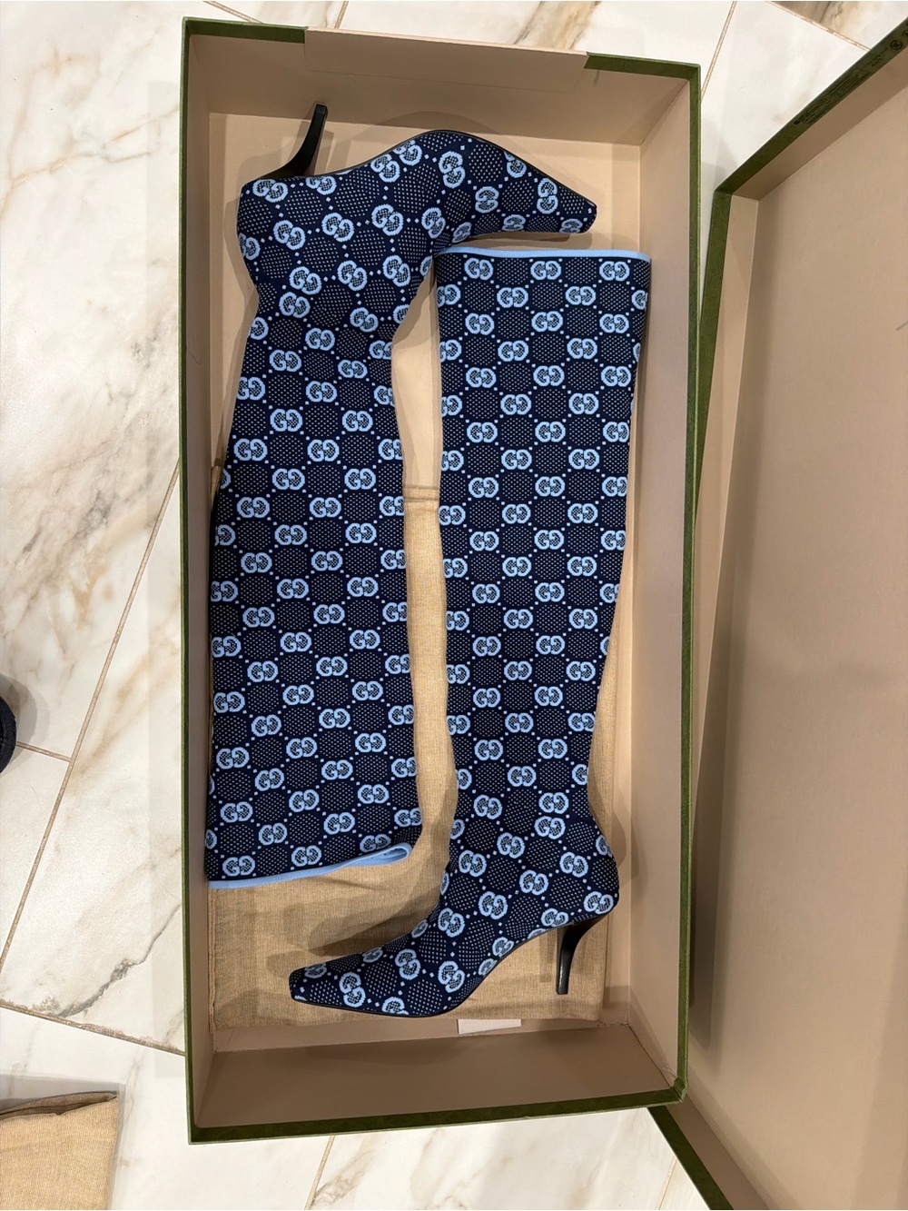 Gucci Navy & Light Blue GG Canvas Over-the-Knee Boots